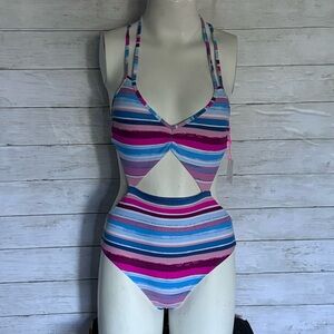 Vanilla/Beach Tummy Cut Out Halter Monokini One Piece Multi Stripe XL and XS